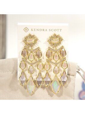 Kendra Scott Alexandria Tiered Iridescent Statement Large Gold Earrings NWT